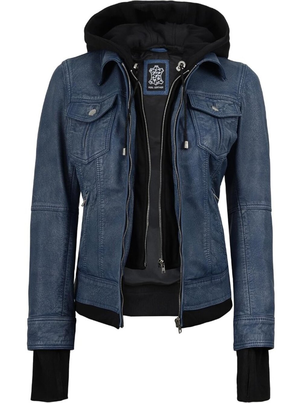 Women’s Blue Real Leather Bomber Jacket Detachable Hood